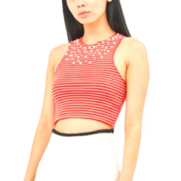 ZARA Trafaluc Cropped Red/White Stripped Top‎ with Pearls - Picture 1 of 11